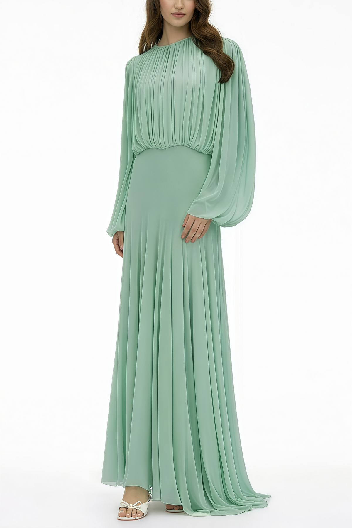Annabelle Green Lantern Sleeve Pleated Maxi Dress
