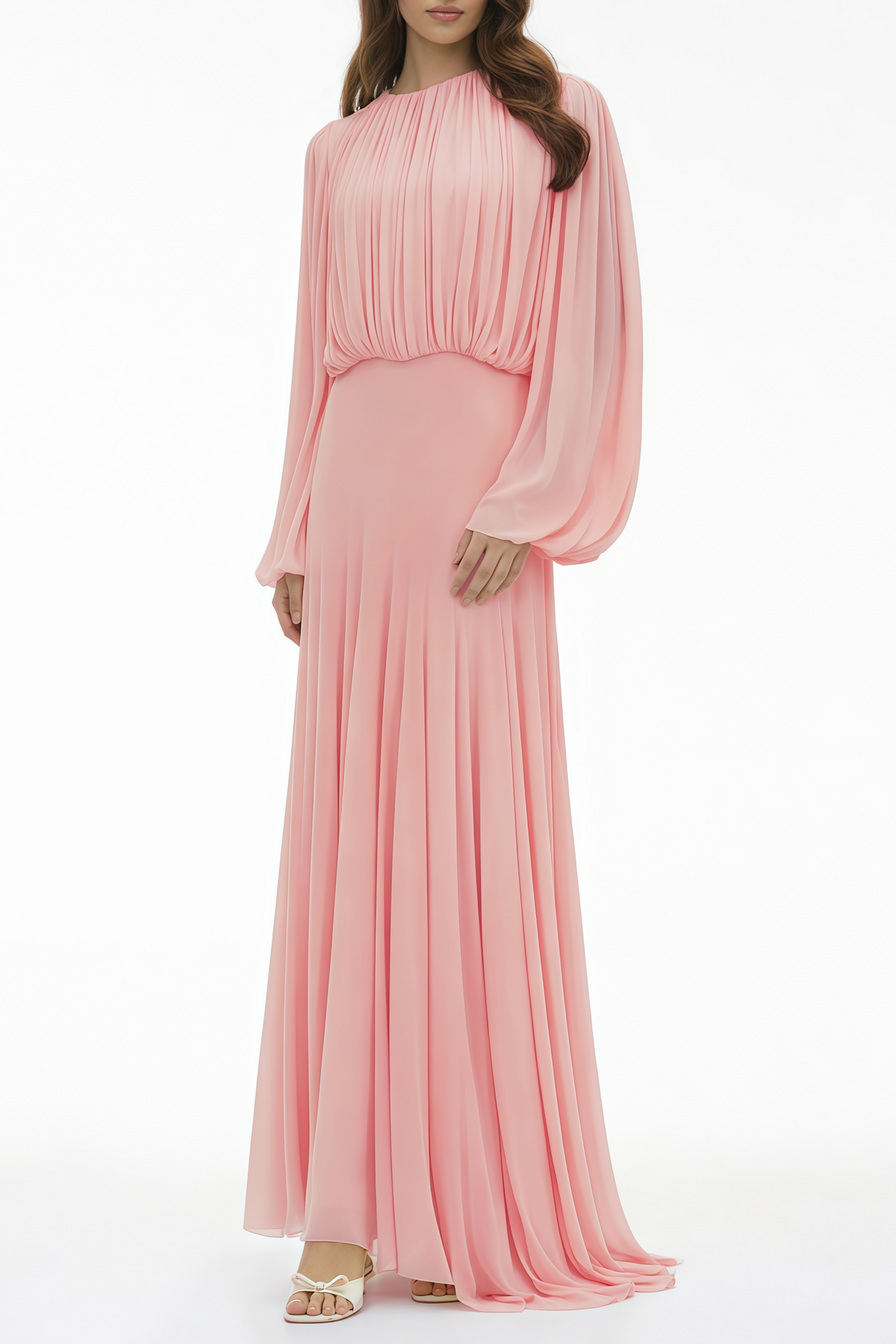 Annabelle Pink Lantern Sleeve Pleated Maxi Dress