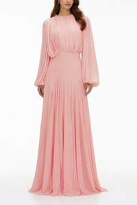 Annabelle Pink Lantern Sleeve Pleated Maxi Dress