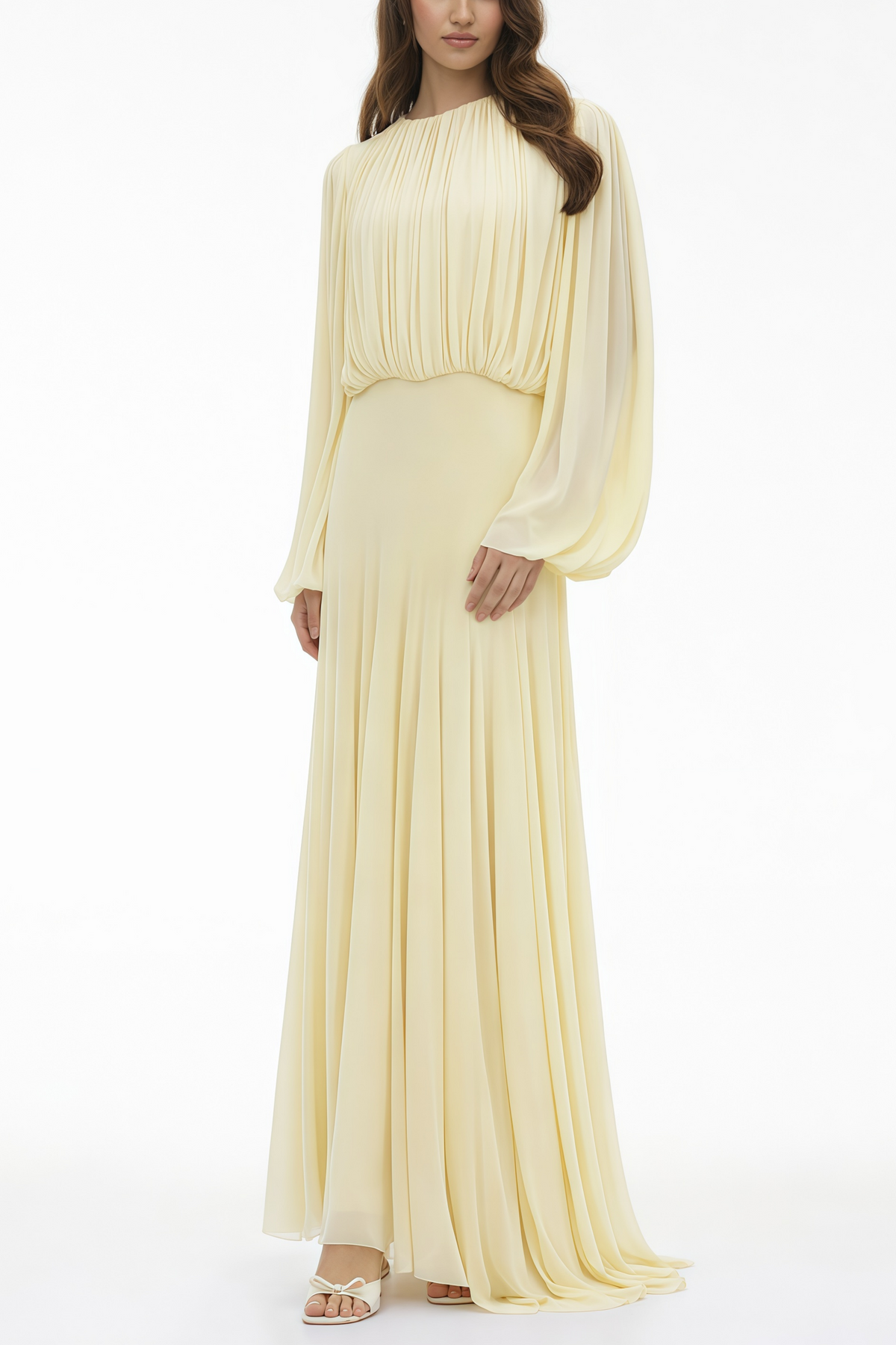 Annabelle Yellow Lantern Sleeve Pleated Maxi Dress