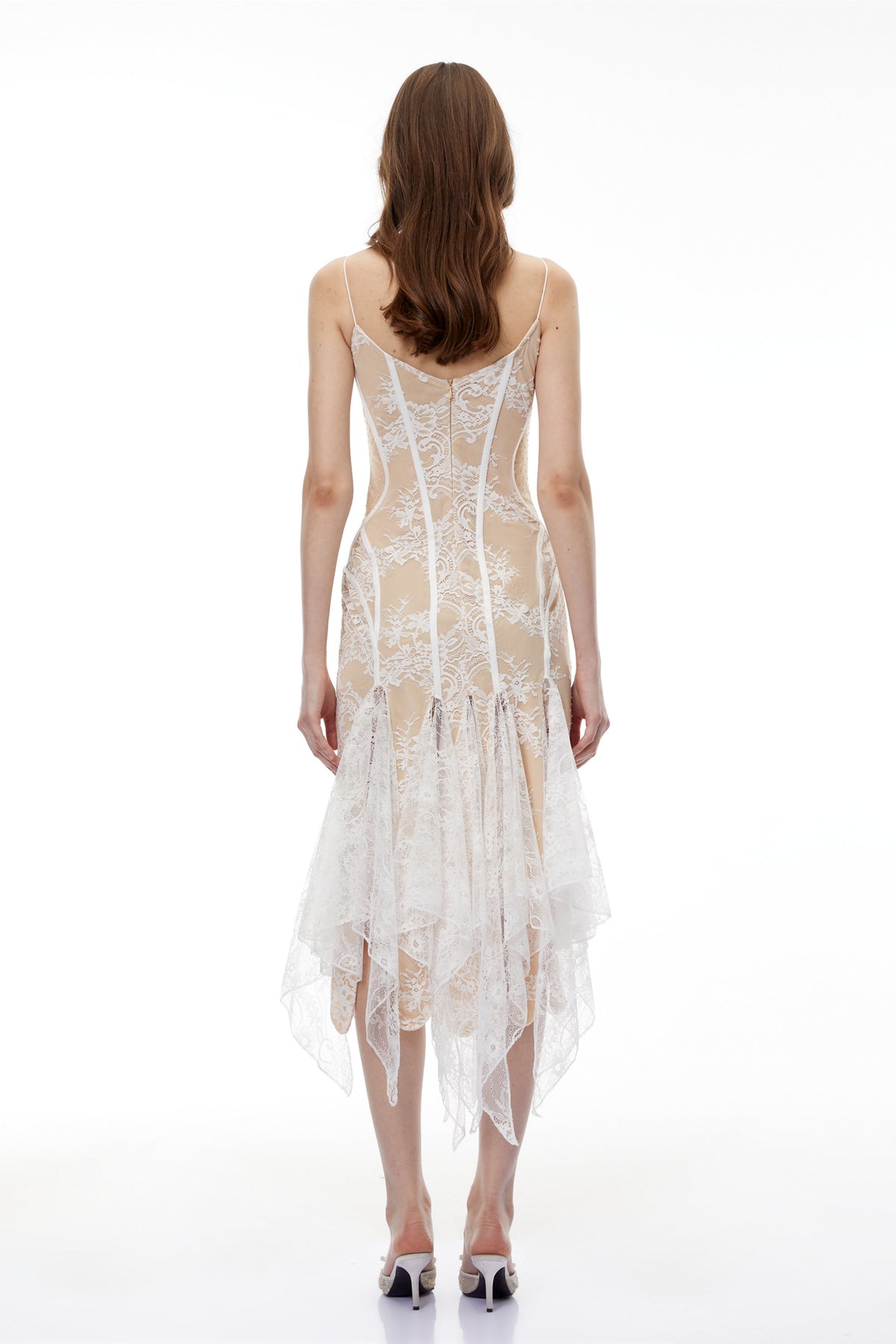 Annelise White Floral Lace Asymmetrical Midi Dress