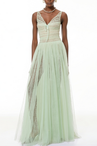 Annika Green Sequin Tulle Maxi Dress with Lace Panels