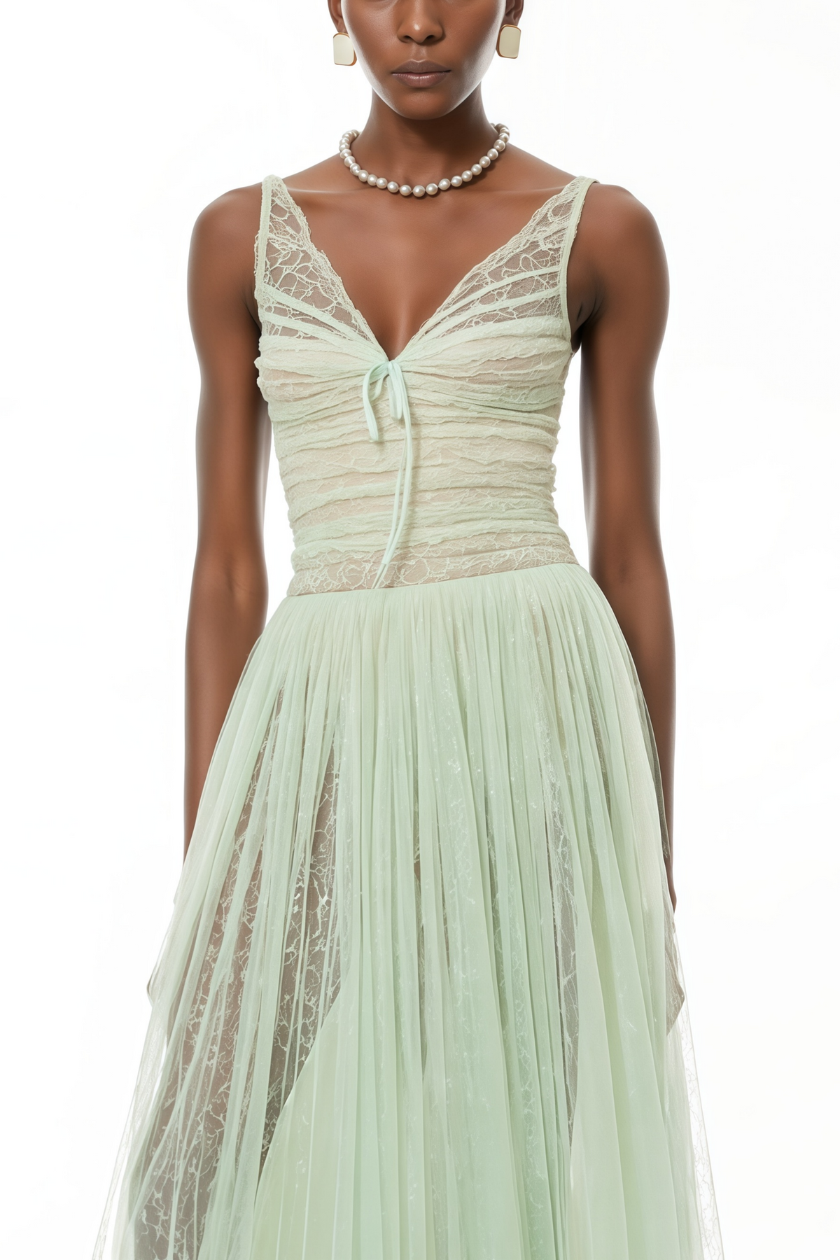 Annika Green Sequin Tulle Maxi Dress with Lace Panels