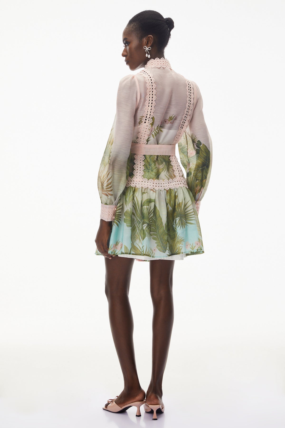 Antigone Pink Mini Dress with Lace Panels and Tie
