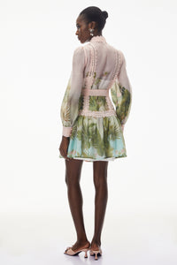 Antigone Pink Mini Dress with Lace Panels and Tie