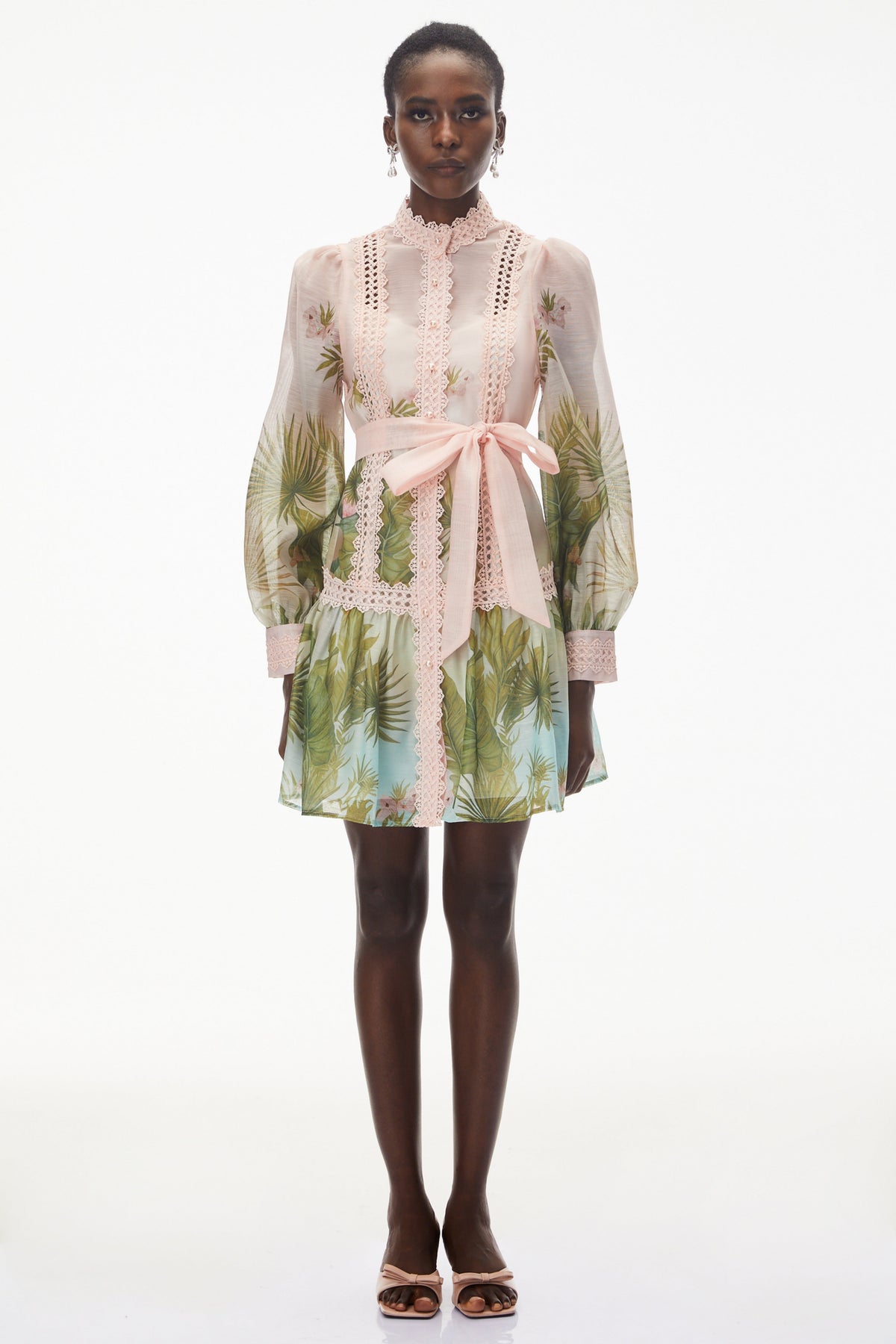 Antigone Pink Mini Dress with Lace Panels and Tie