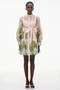 Antigone Pink Mini Dress with Lace Panels and Tie