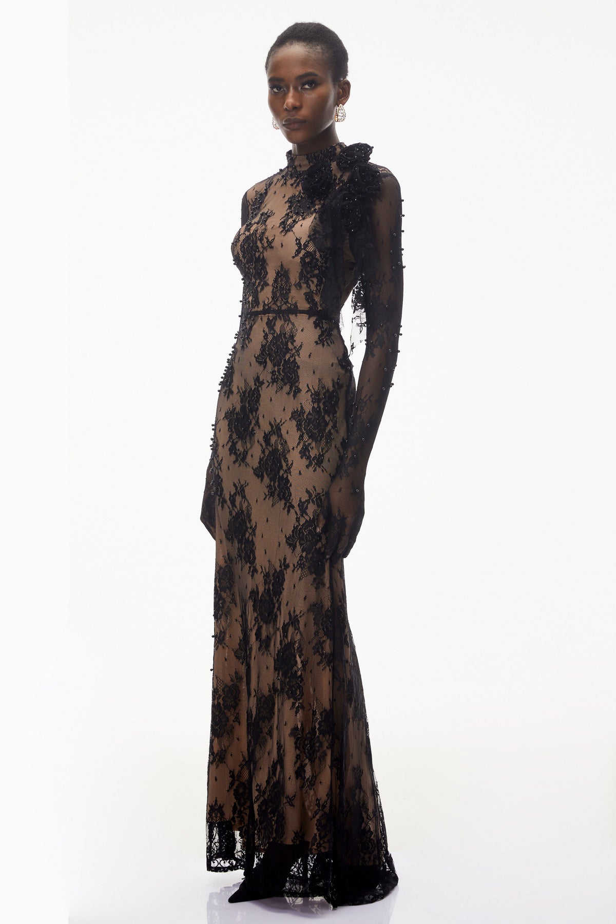 Arabella Black Mock Neck Sequin Lace Maxi Dress
