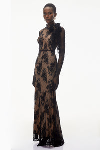 Arabella Black Mock Neck Sequin Lace Maxi Dress