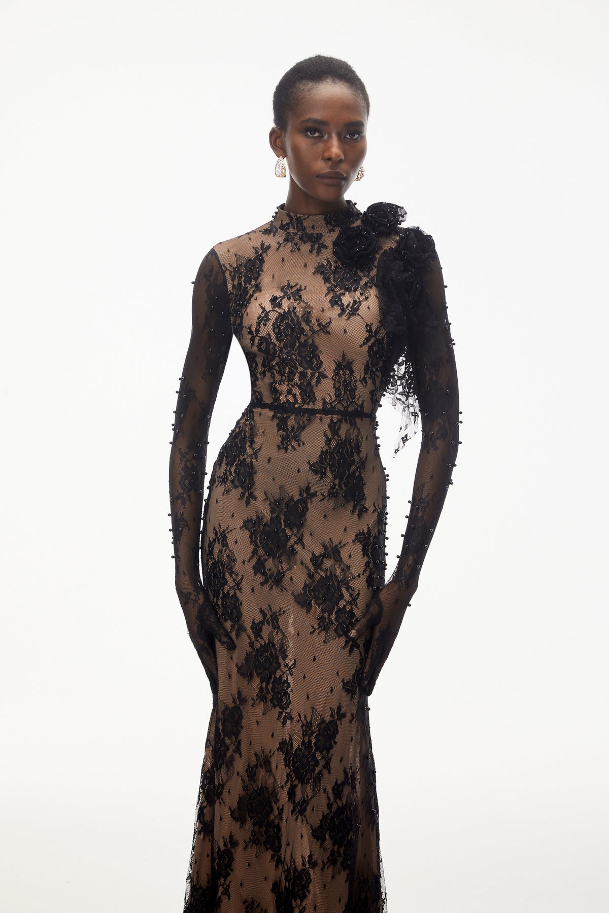 Arabella Black Mock Neck Sequin Lace Maxi Dress