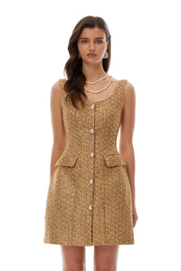 Arna Gold Square Neck Tweed Mini Dress