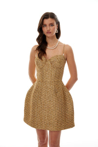 Arna Gold Sweetheart Neckline Tweed Mini Dress
