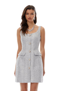 Arna Silver Square Neck Tweed Mini Dress
