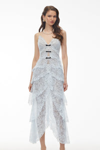 Atousa Blue Layered Floral Lace Maxi Dress with Bow