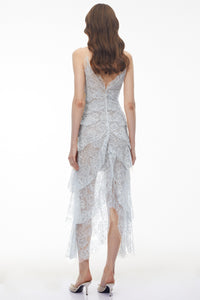 Atousa Blue Layered Floral Lace Maxi Dress with Bow