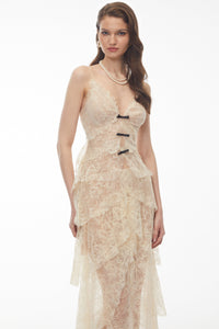 Atousa Cream Layered Floral Lace Maxi Dress with Bow