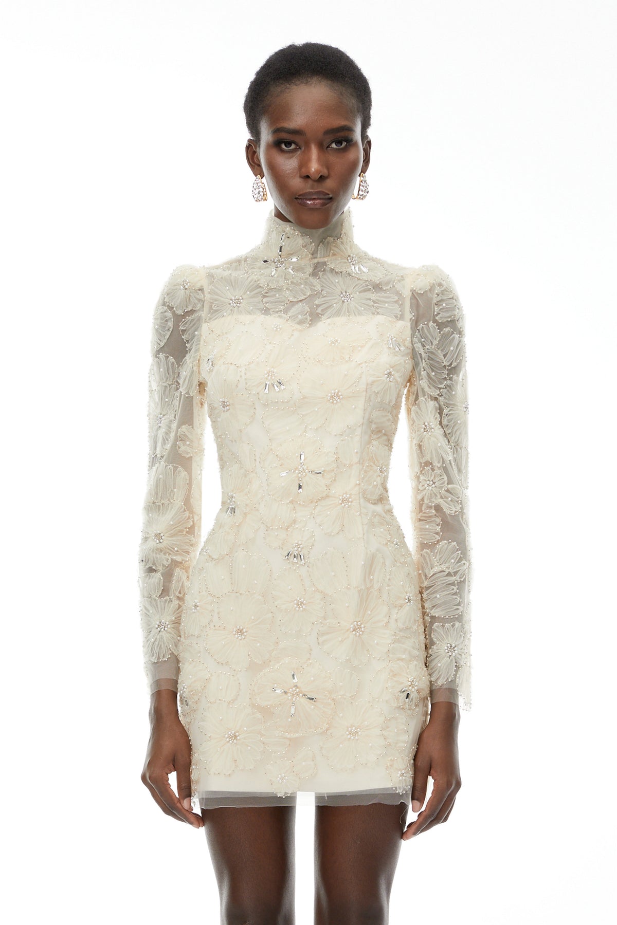 Aurélie Neutral Lace Embroidered Mini Dress