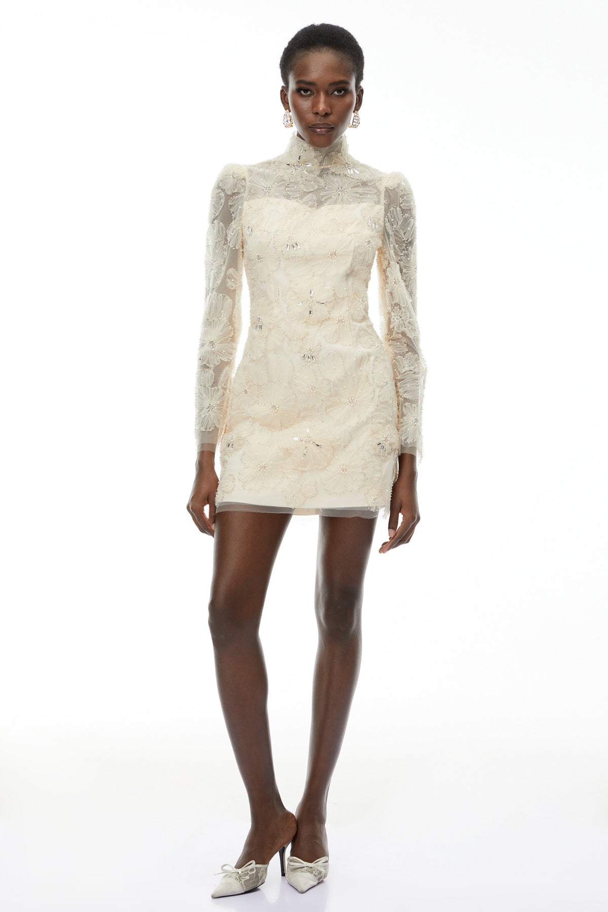 Aurélie Neutral Lace Embroidered Mini Dress