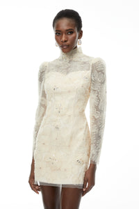 Aurélie Neutral Lace Embroidered Mini Dress