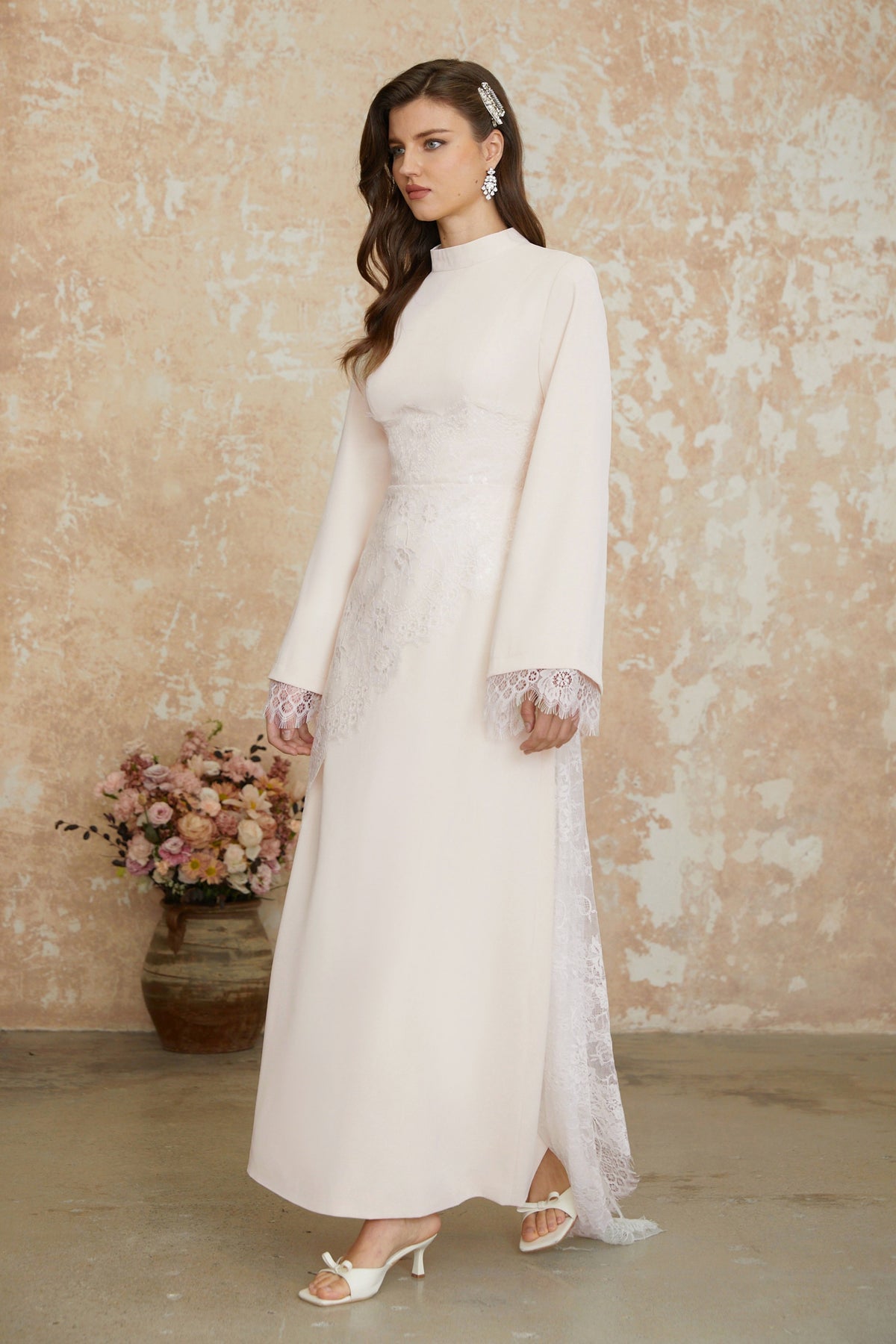 Elysia White Asymmetrical Floral Lace Maxi Dress