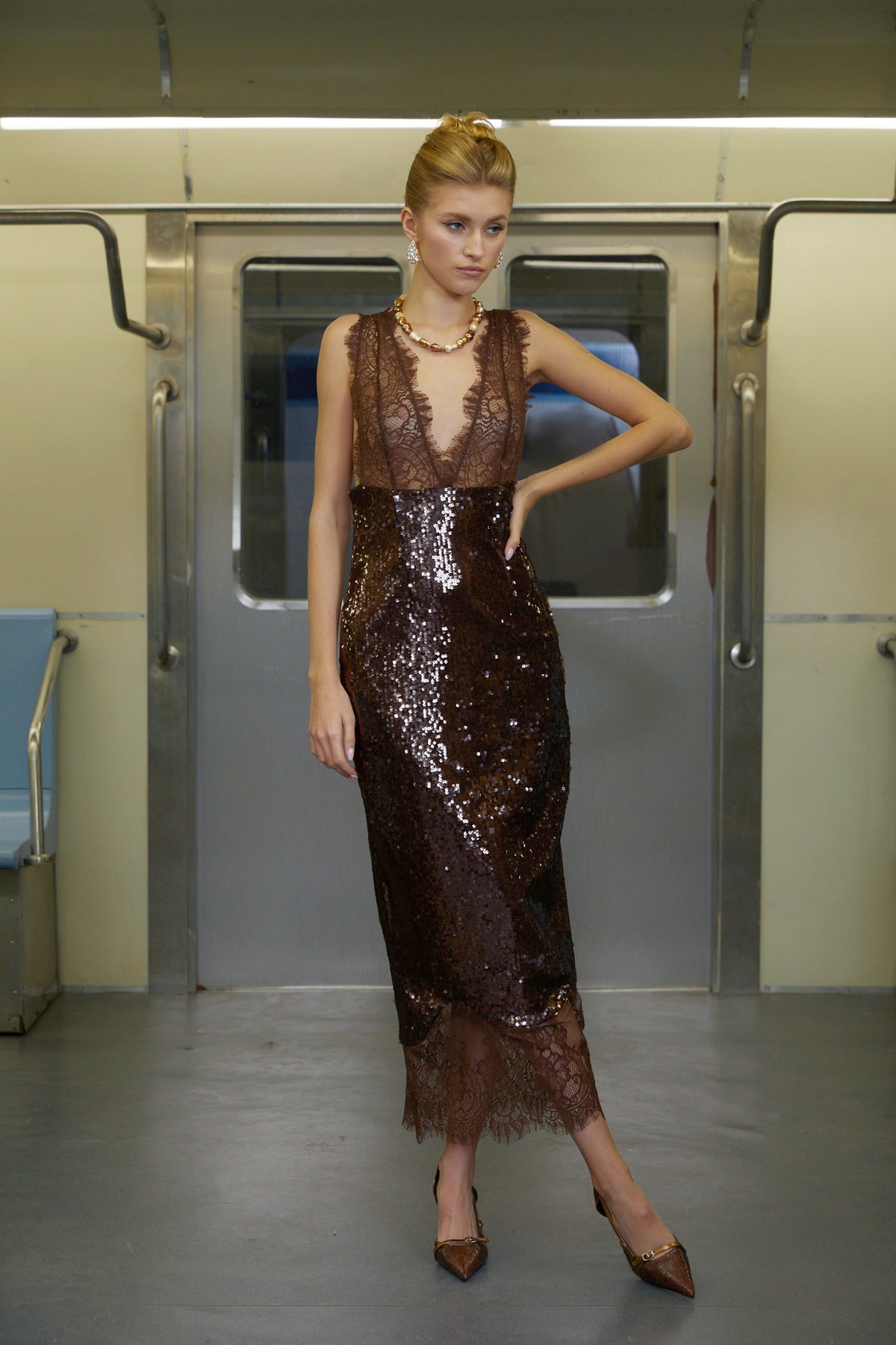 Ava Brown Lace Panel Sequined Maxi Dress