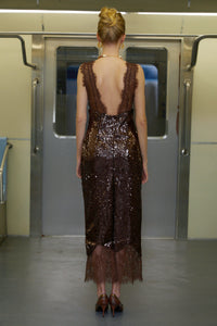 Ava Brown Lace Panel Sequined Maxi Dress