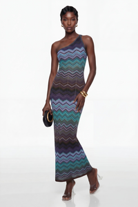 Avery Blue Knit Maxi Dress with Wave Pattern