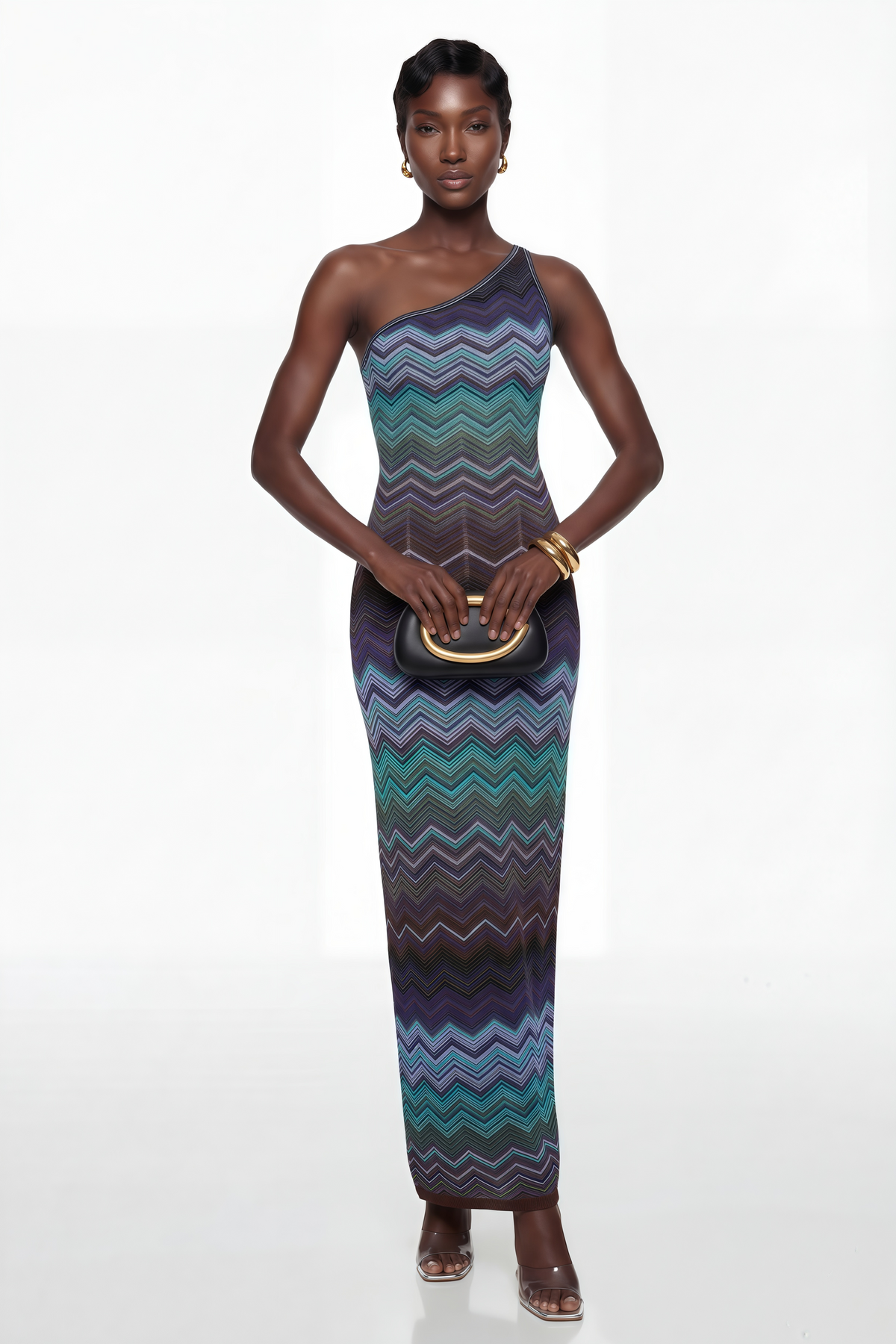 Avery Blue Knit Maxi Dress with Wave Pattern
