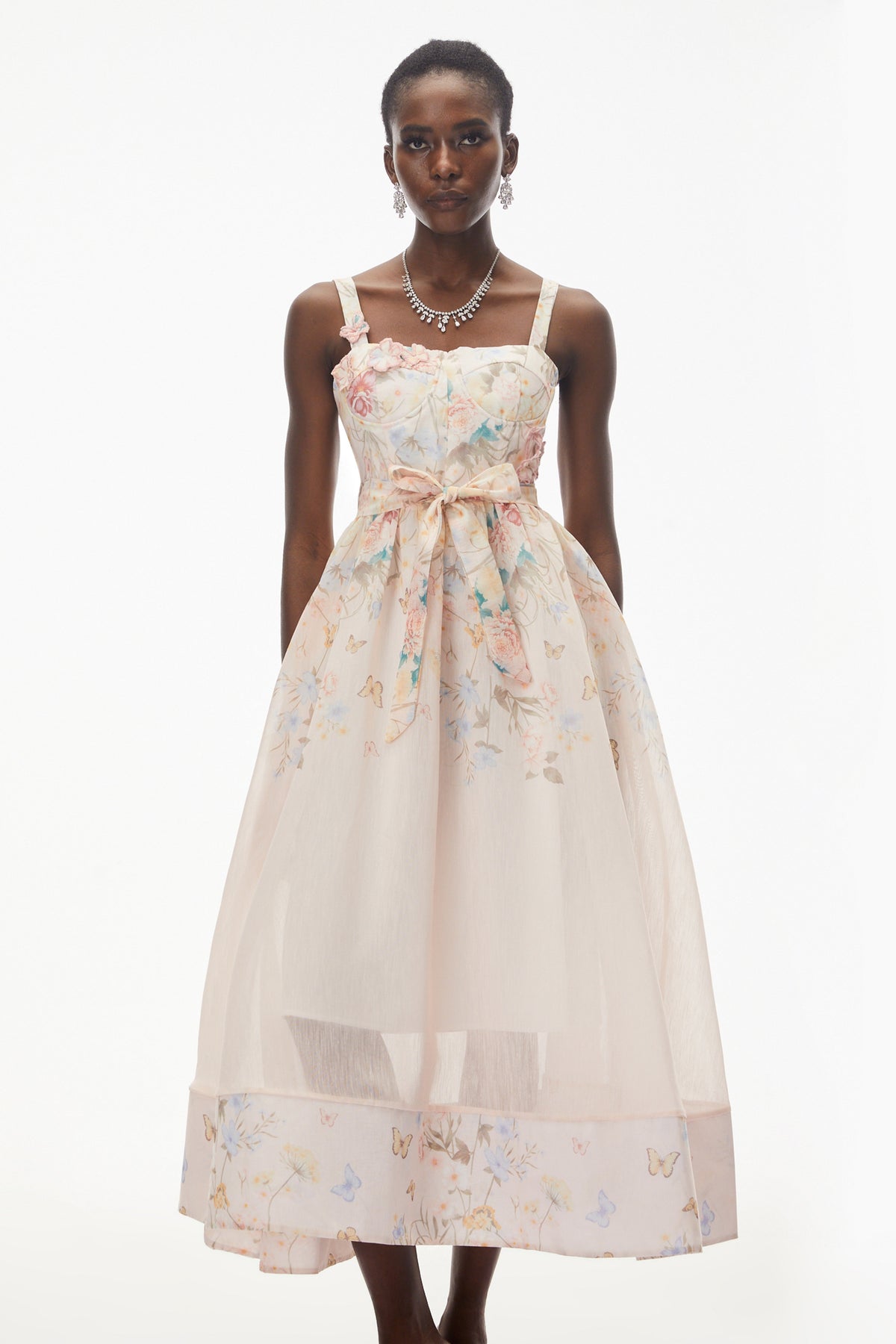 Baucis Pink Floral Print Midi Dress with Tie Waist