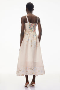 Baucis Pink Floral Print Midi Dress with Tie Waist