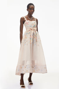 Baucis Pink Floral Print Midi Dress with Tie Waist