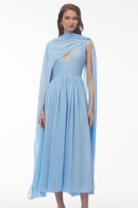 Beatrice Blue Ruched Midi Dress with Oversized Cape
