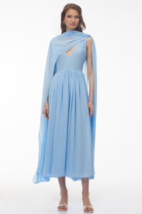 Beatrice Blue Ruched Midi Dress with Oversized Cape