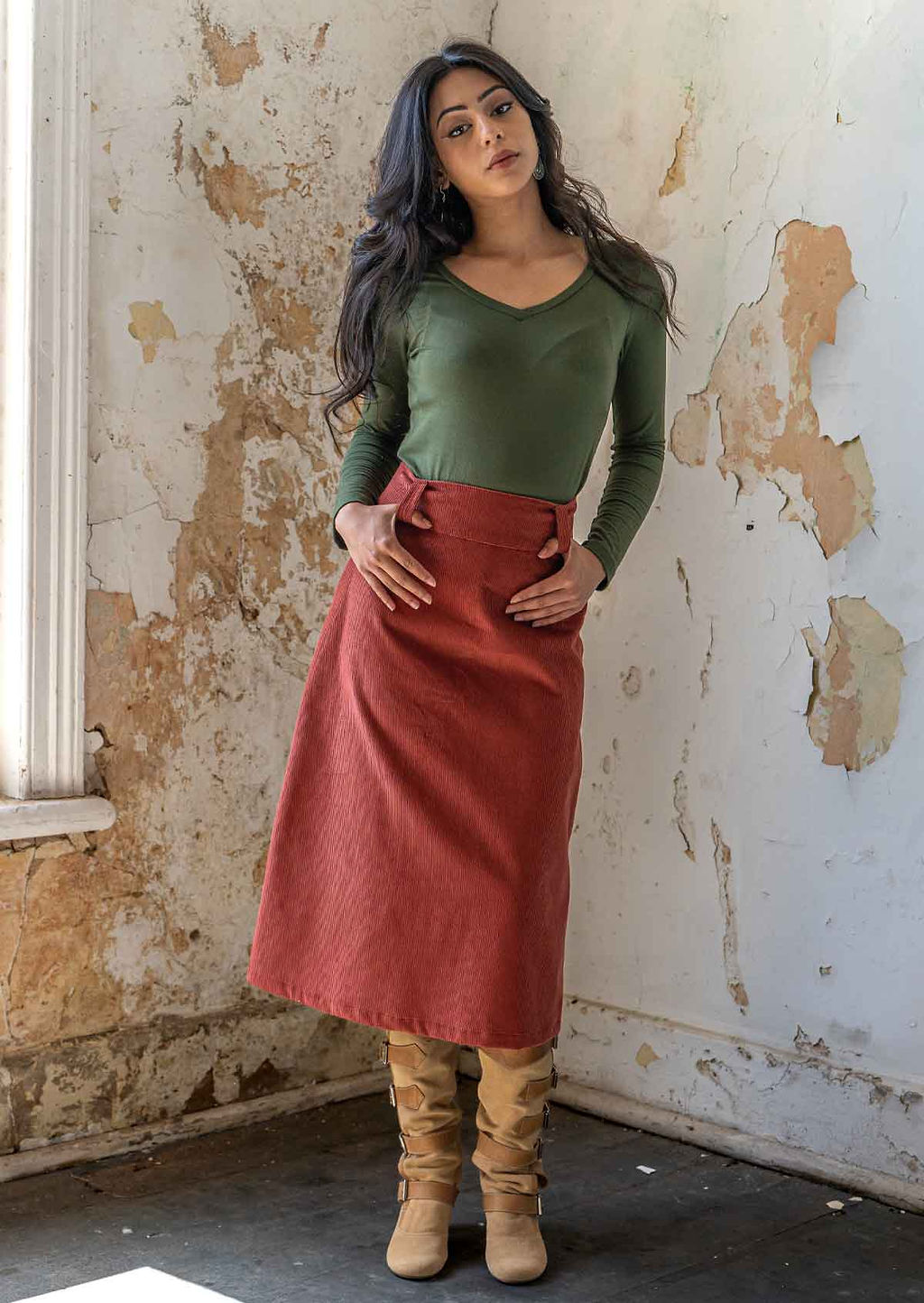 Belt Loop Corduroy Skirt Burnt Henna