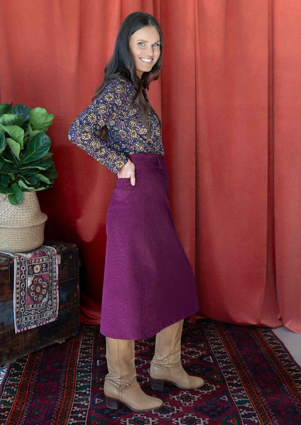 Belt Loop Corduroy Skirt Plum Caspia