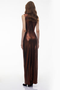 Berenike Metallic Bronze Ruched Satin Maxi Dress
