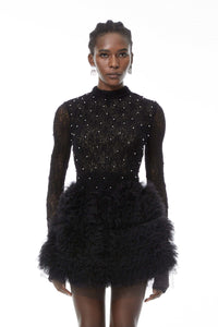Bernice Black Embellished Tiered Mini Dress