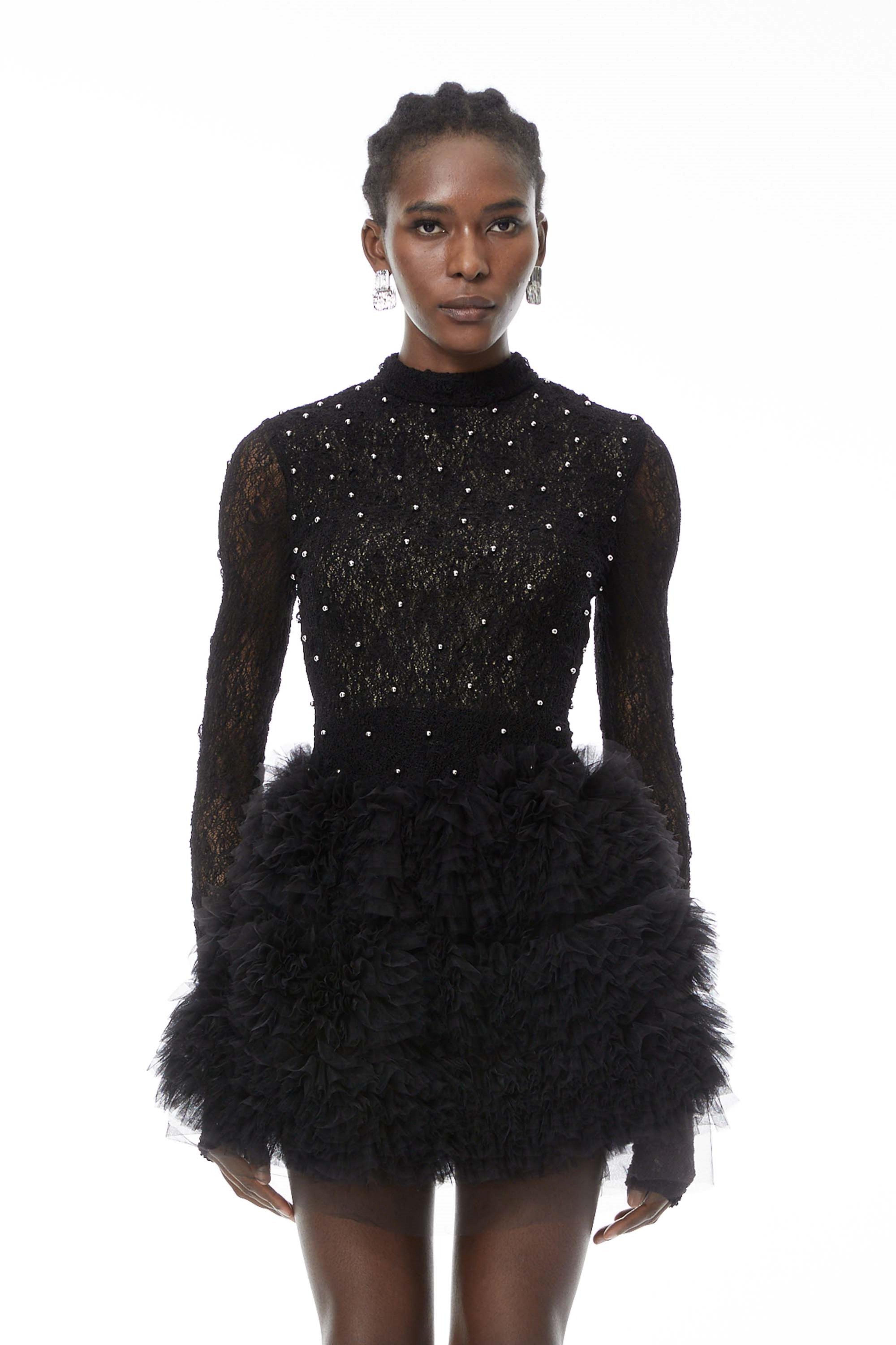 Bernice Black Embellished Tiered Mini Dress