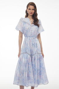 Beryl Blue Floral Print Ruched Midi Dress