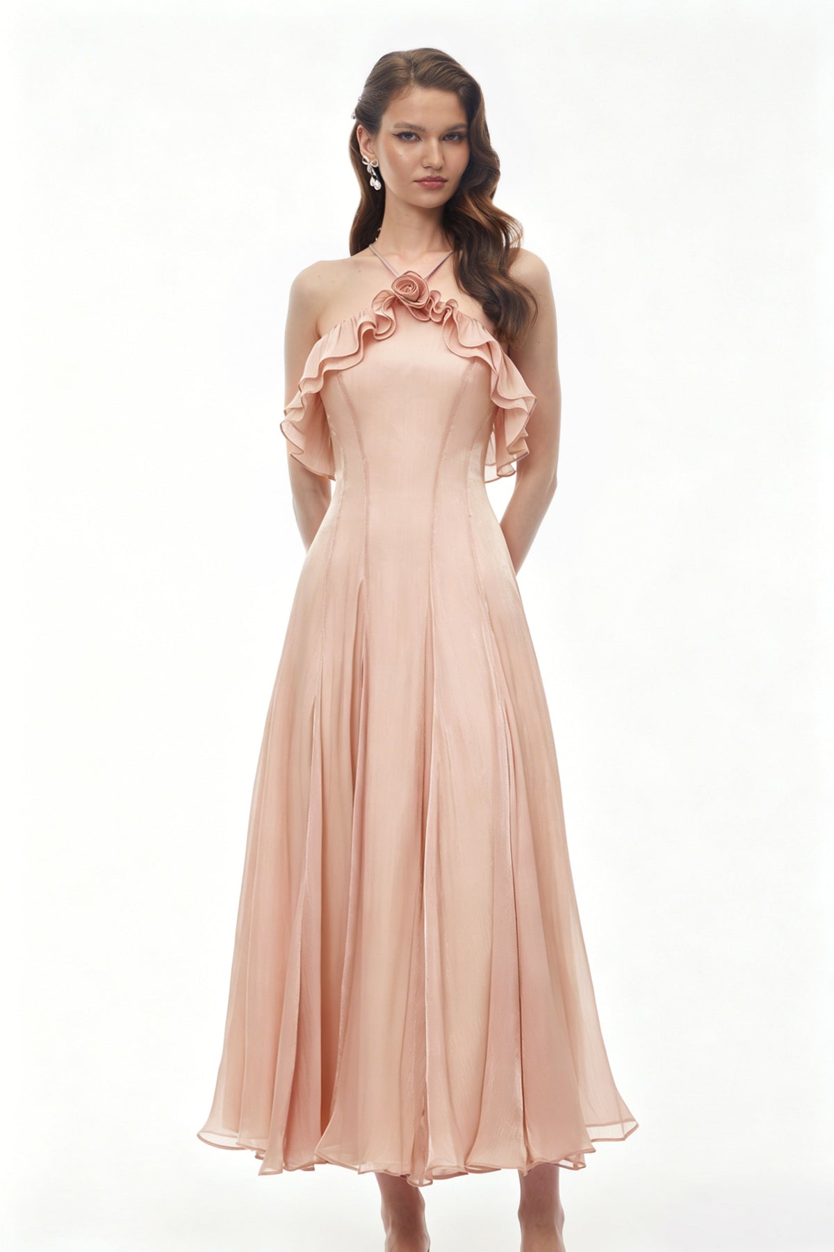 Bianka Pink Pleated Maxi Dress with 3D Florals