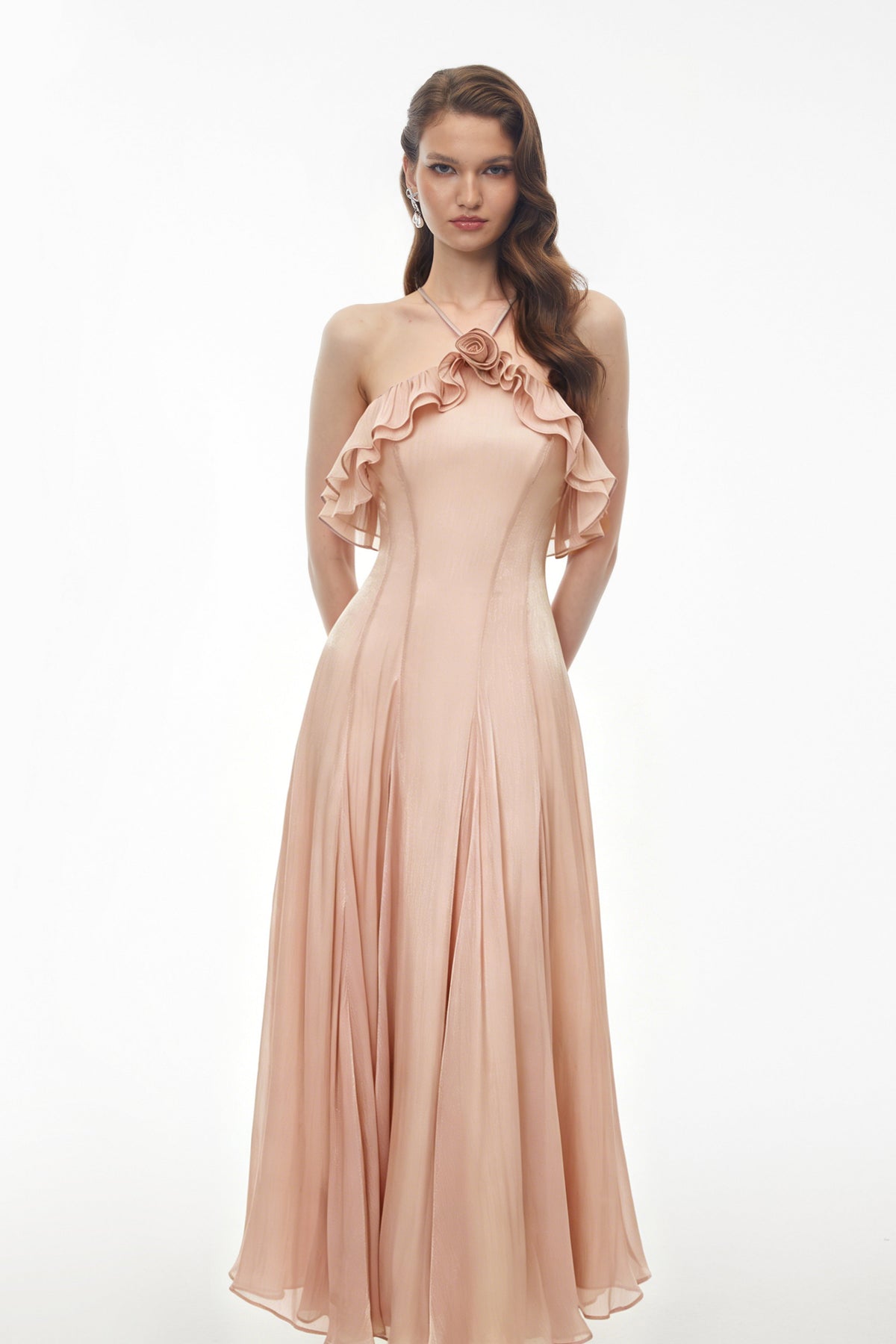 Bianka Pink Pleated Maxi Dress with 3D Florals