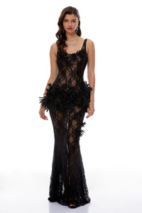 Bloem Black 3D Floral Applique Lace Maxi Dress