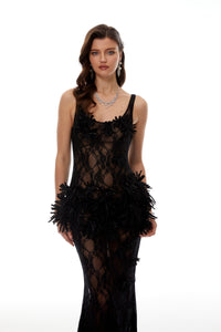 Bloem Black 3D Floral Applique Lace Maxi Dress