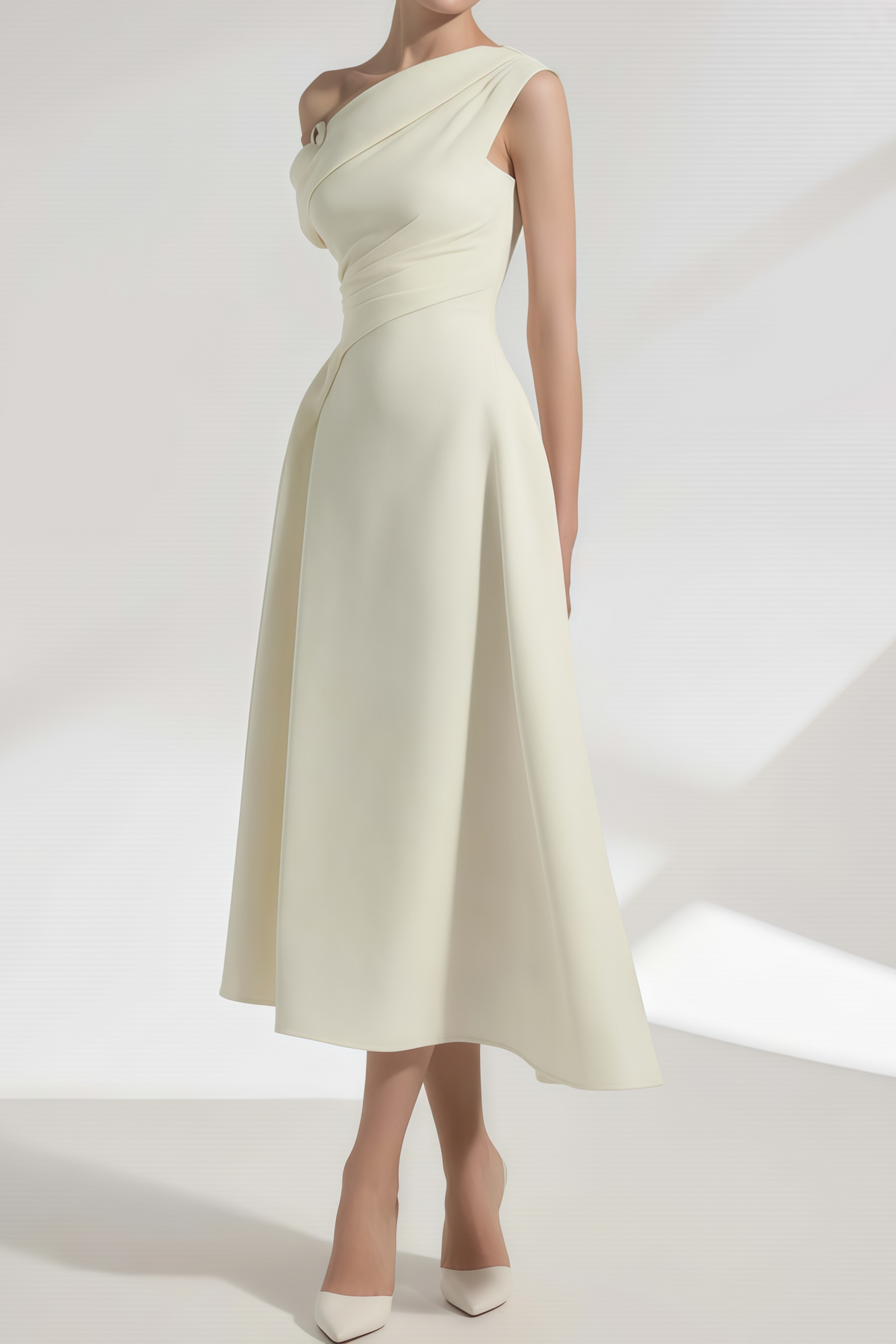 Blossom White One Shoulder Ruched Midi Dress