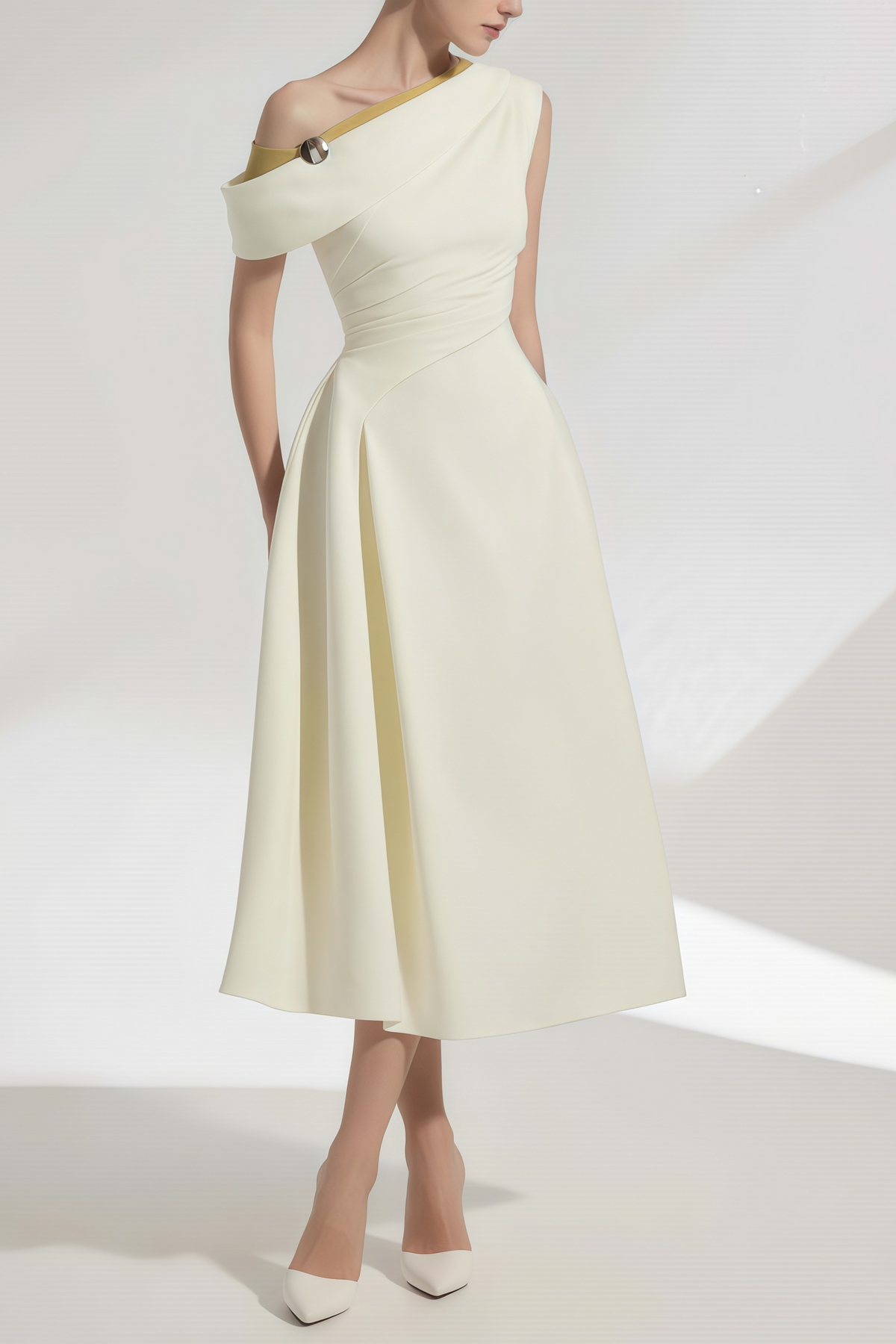 Blossom White One Shoulder Ruched Midi Dress