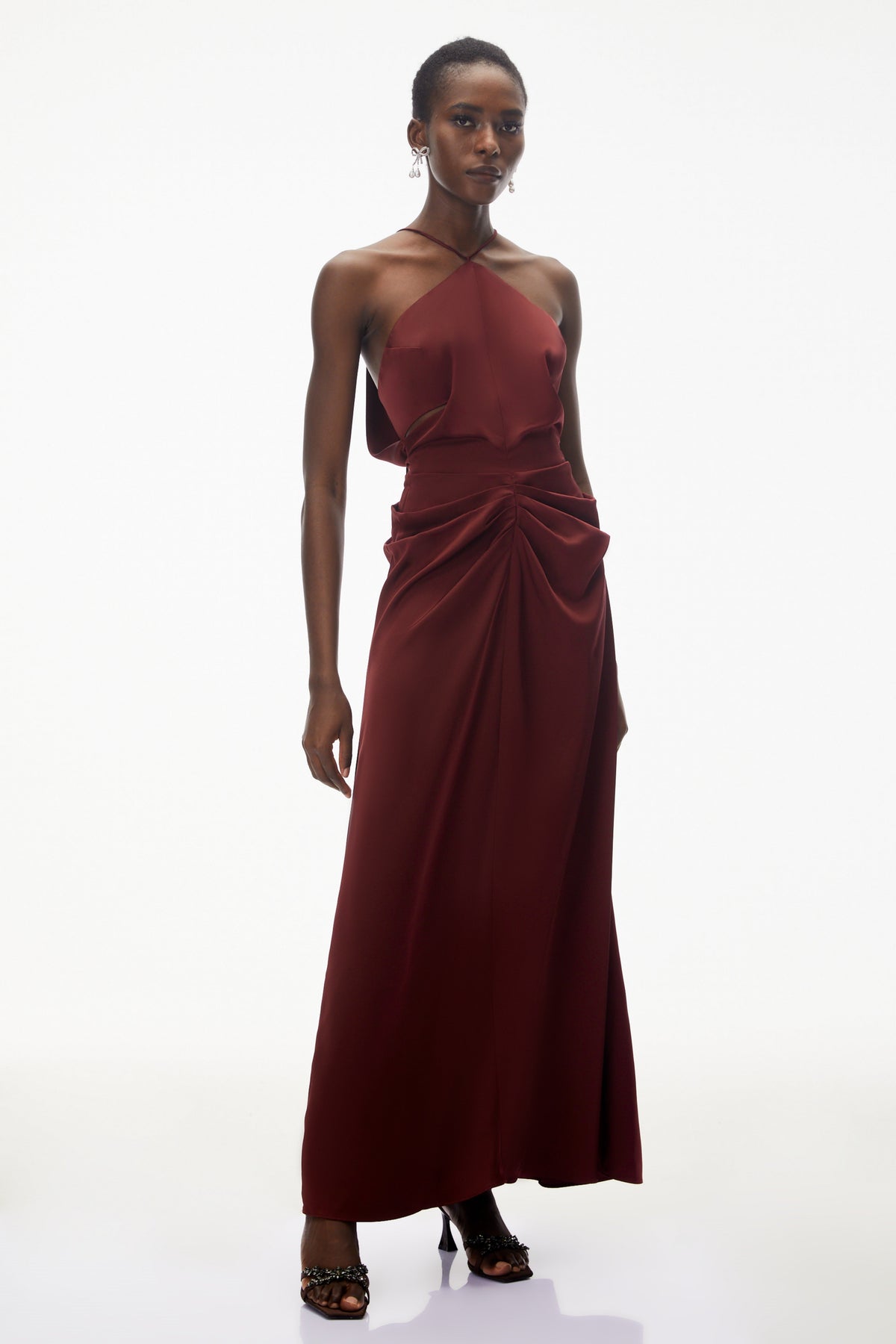 Bozhena Red Halterneck Ruched Maxi Dress