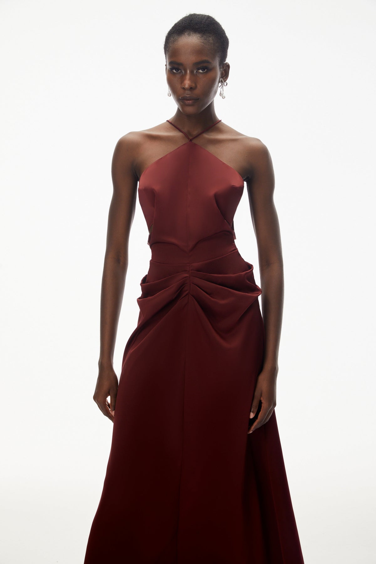 Bozhena Red Halterneck Ruched Maxi Dress