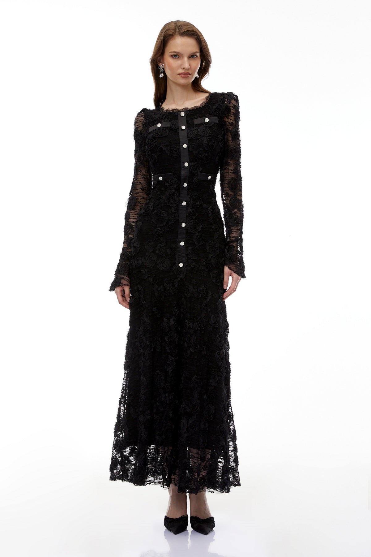 Branwen Black 3D-Floral Embroidered Lace Maxi Dress