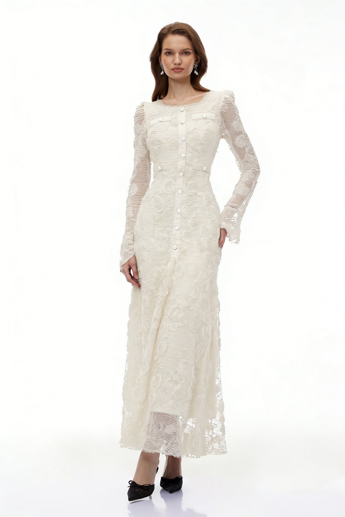 Branwen Neutral 3D-Floral Embroidered Lace Maxi Dress