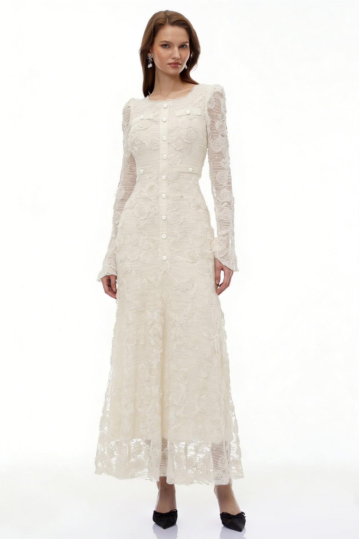 Branwen Neutral 3D-Floral Embroidered Lace Maxi Dress